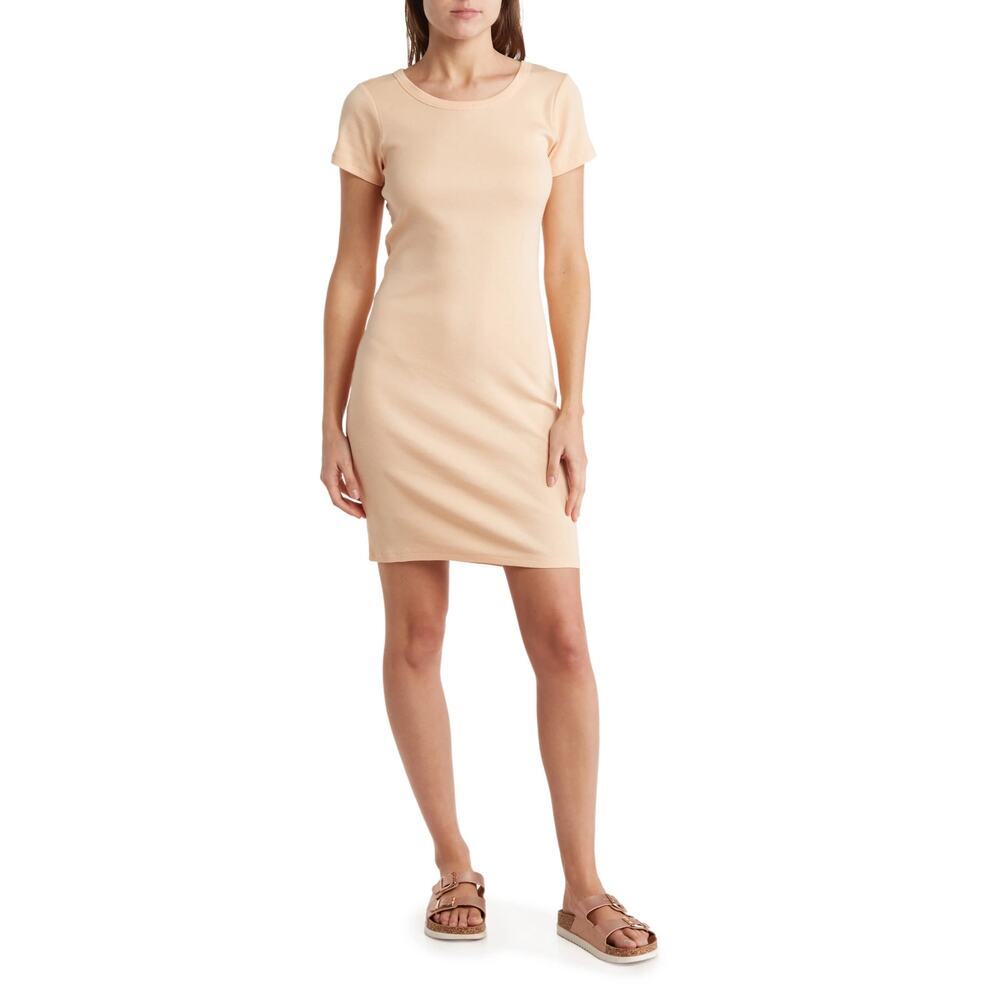 Three Dots Short Sleeve Crewneck Dress in Apricot Ice Size M